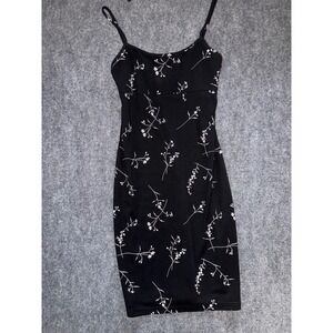 A Fortiori Vintage 90s Black Floral Spaghetti Strap Bodycon Mini Dress Large Y2K